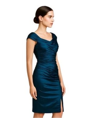 Tadashi Shoji Ruched Sheath Dress Teal Blue Sheen Asymmetrical Cap Sleeve 14